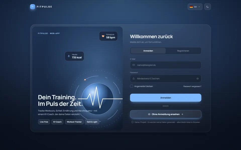 Startbildschirm der Web-App FitPulse